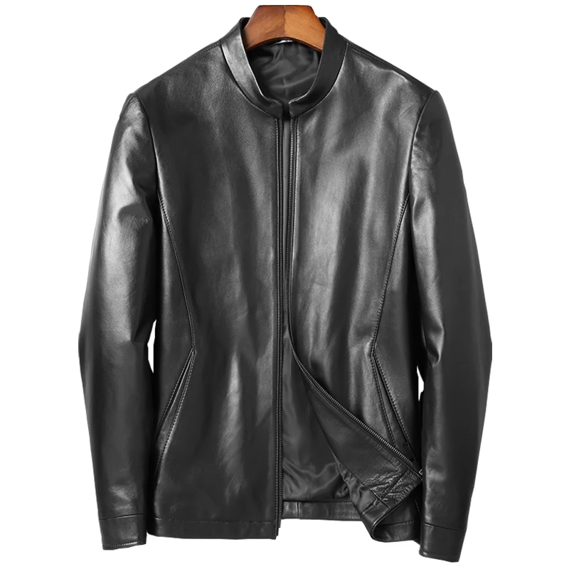 

Quality DK Top Sheepskin Coat Men Casual Genuine Leather Clothing Black Mandarin Collar Natural Leather Sheepskin Outwear