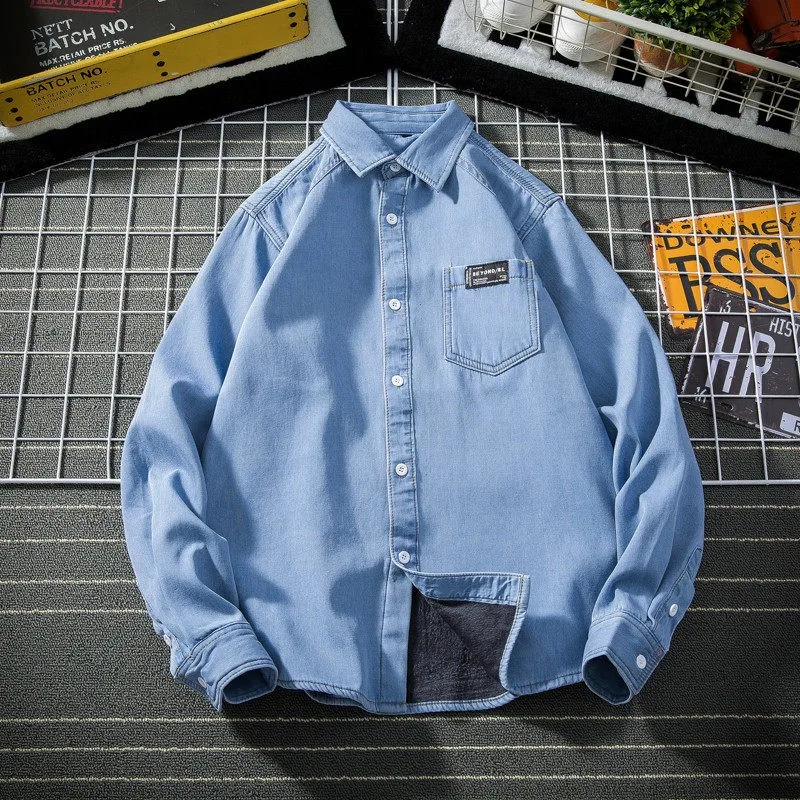 

Mens Warm Thick Denim Shirts Loose Spring Autumn Full Sleeve Cargo Jacket Tops Youthful Vintage Single Breasted Cotton Shirts