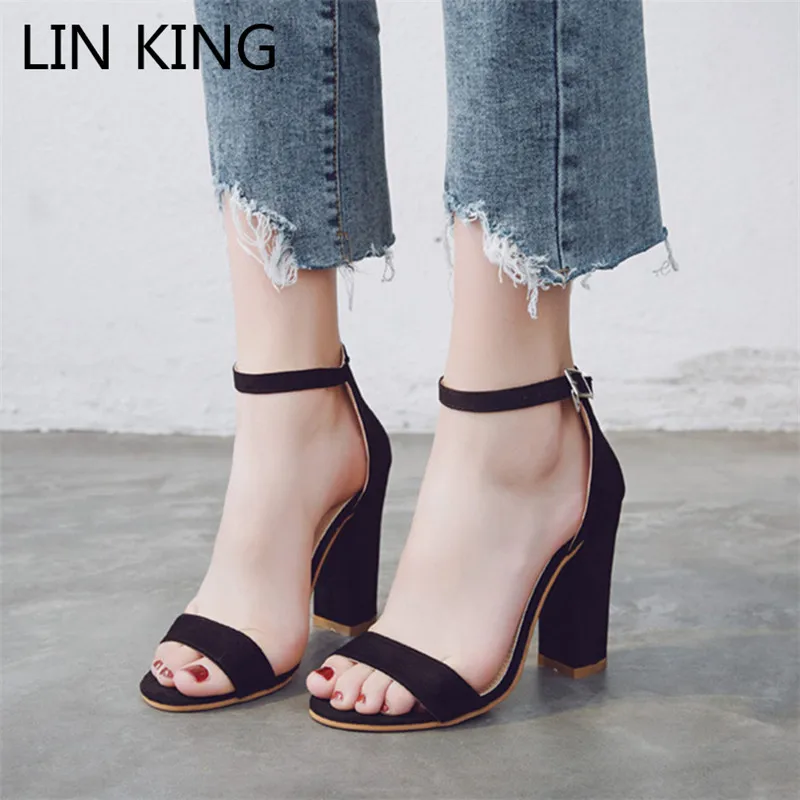 

LIN KING Rome Thick Sole Women Sandals Buckle High Heel Gladiator Shoes Fashion Square Heel Open Toe Summer Party Dress Shoes