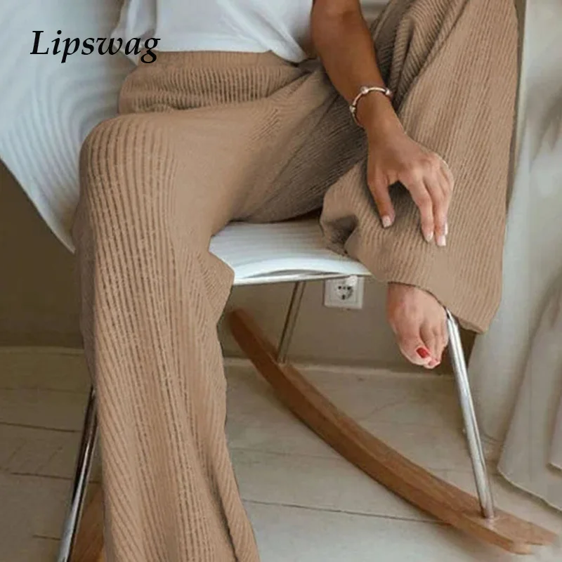 

Elegant Women High Waist Pants Sleepwear Casual Solid Loose Knit Pajamas Pants 2021 Spring Wide Leg Ladies Trousers Homewear 5XL