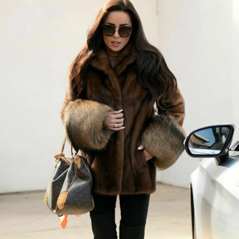 

Medium Length Real Mink Fur Jacket Turn-down Collar Luxury Women Natural Mink Fur Coat with Raccoon Dog Fur Sleeve Cuffs Outwear