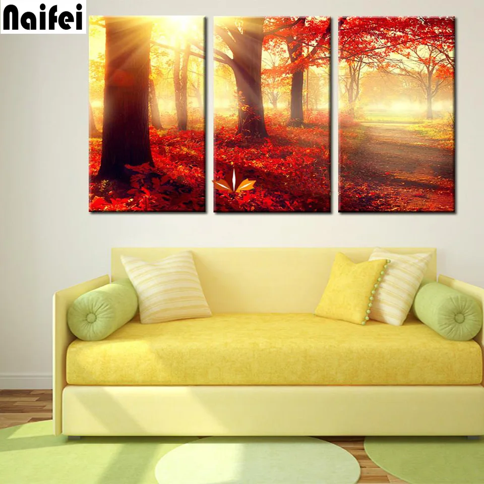 

natural scenery Diamond Painting 3 Pcs Red Trees Full Square round Diamond Embroidery 5D Diy Mosaic Rhinestone Home Decoration