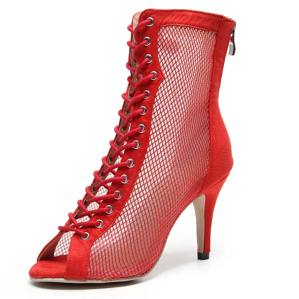 Outdoor Salsa Tango Ballroom Social Buty Latino Dance Shoes Women 2020 Pole Heels Red Shoelace Latin Dancing Net Red Women Boots