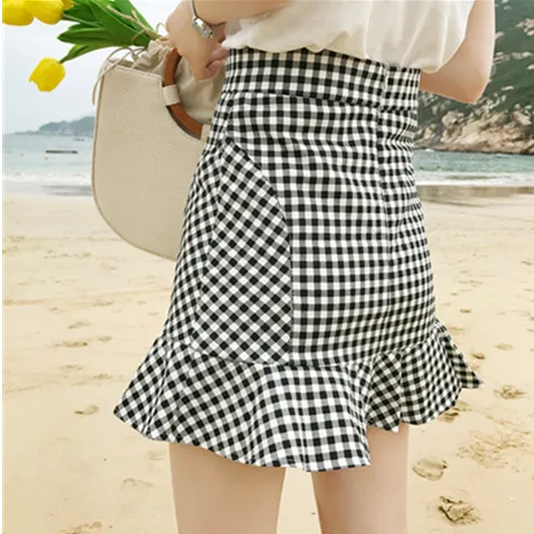 

New Summer Women's Skirt 2021 High Waist Student Plaid Skirts Women Cute Sweet Girls Mini Skirts Fishtail Mermaid Kawaii Faldas