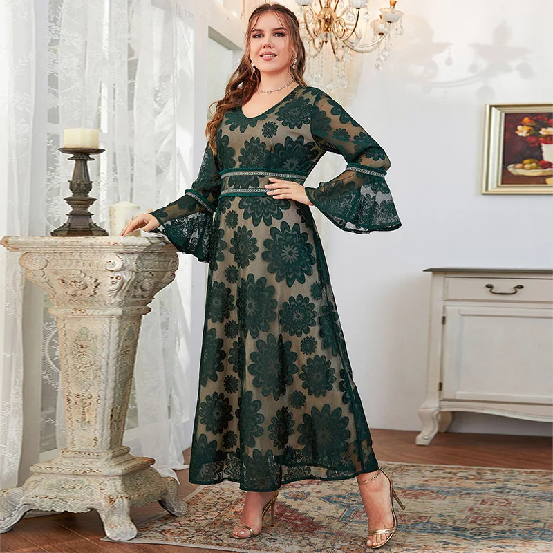 

plus size Abaya for new year 2022 casual women's dresses green lace high quality ankle length Office Lady CN(Origin)