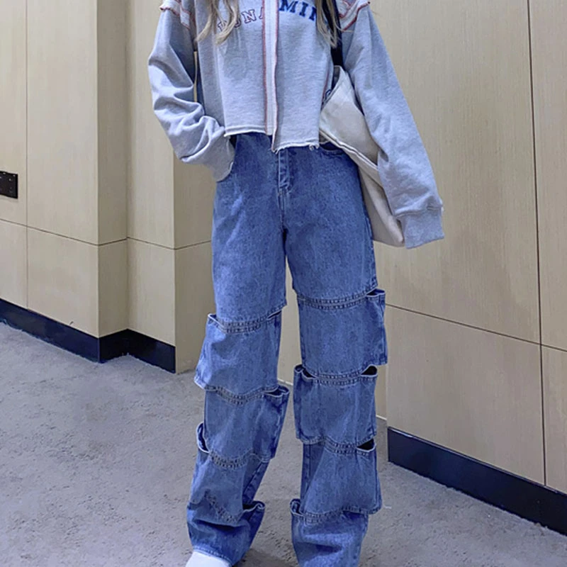 

2021 New Fashion Sexy Women Jeans Pant Irregular Hollow Out irregular Wide Leg Pants All Match Casual Long Jeans Pant KZ740