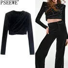 Женский бархатный топ PSEEWE, черный плиссированный укороченный топ с наплечниками и длинным рукавом, Элегантная блузка в винтажном стиле на осень, 2021