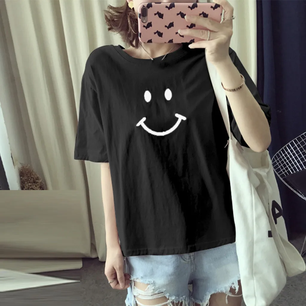 Новинка одноцветная женская футболка со смайликом повседневная хлопковая