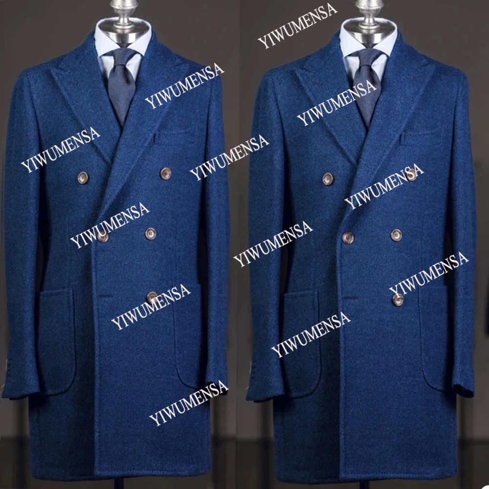 

Tweed Wool Thick Blends For Men Custom Made Long Sleeves Peaked Laple Double Breasted Jacket Suits Formal Party Groom Wear Coat