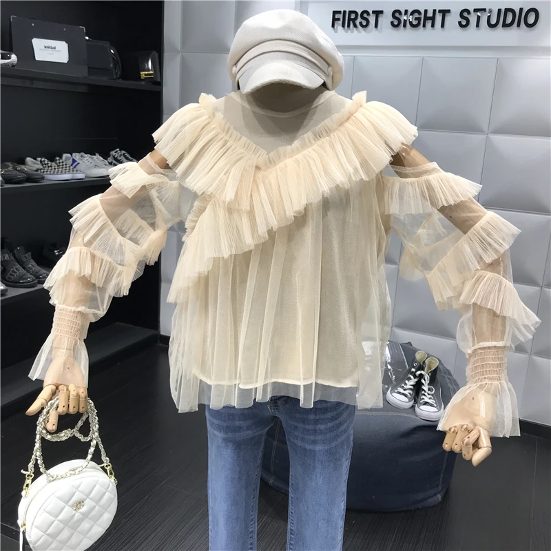 Женская шифоновая блузка ALPHALMODA с длинными рукавами и V-образным вырезом оборками