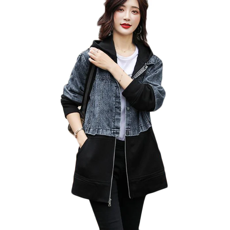 

2021 New Spring Autumn Korean Denim Jacket Women Long Casual Basic Outerwear Women's Loose BF Trench Coat Hooded Bomber Overcoat