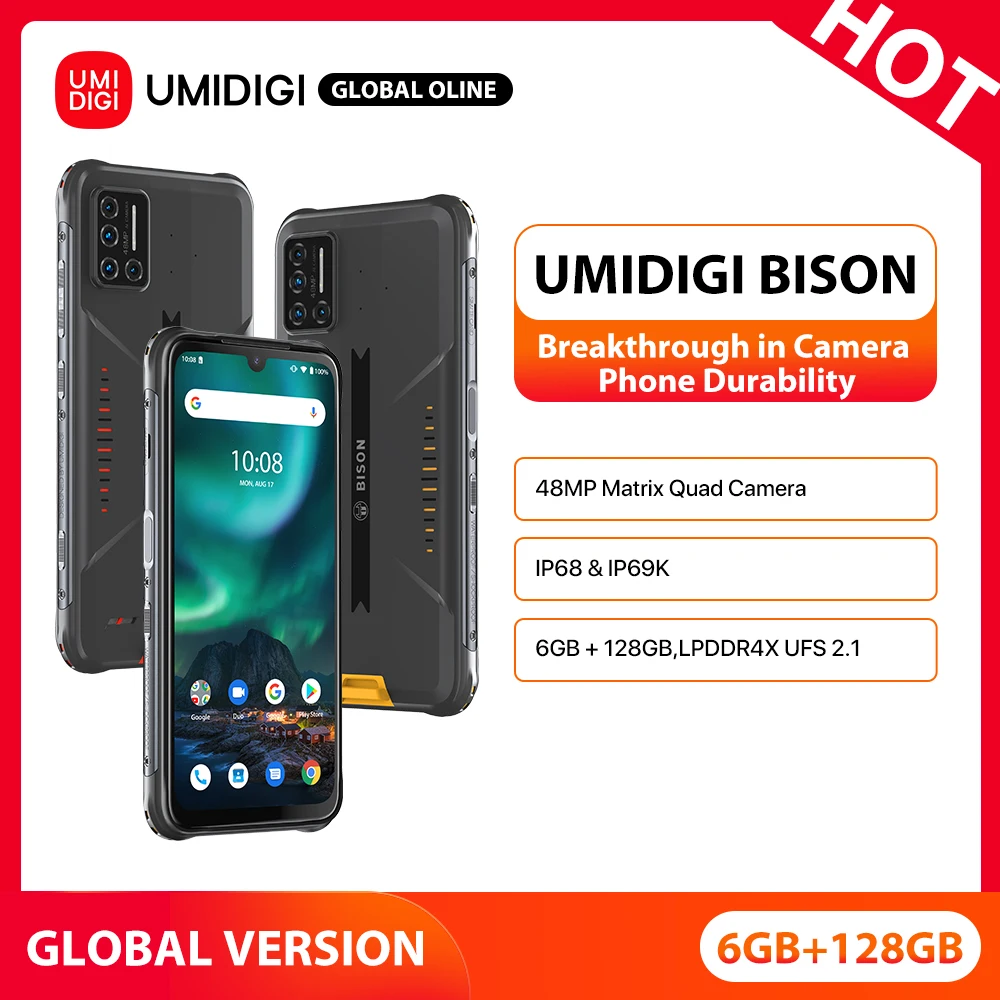 Смартфон UMIDIGI BISON NFC защищенный 6 ГБ + 128 IP68/IP69K 48 МП матрица четыре камеры дисплей 3