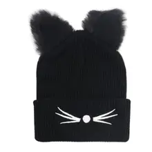 Fashion Winter Women's Knitted Hat With Embroidered Cat Ear Warm Beanies Cap for Women Warm Knit Cro