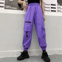 streetwear hip hop purple cargo pants joggers pants big pockets women high waist loose black harem pants baggy tactical trouser