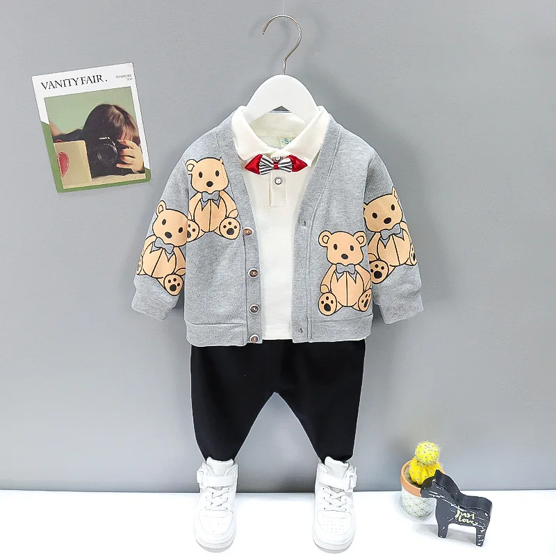 

Осень 2021, комплекты одежды для маленьких мальчиков, куртка с мультяшным медведем для малышей, футболка и штаны, 3 шт./компл., Детские повседне...