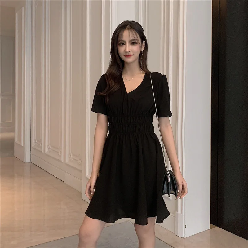 Шифоновое женское платье миди 2019 летняя одежда для v-образным вырезом
