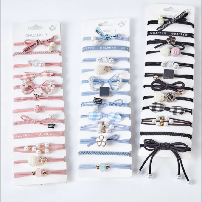 

12 PCS Combination Set Pearl Bow Head Rope Simple Style Hair Tie Band Sweet Girl Elastic Rubber Band Hair Accessory