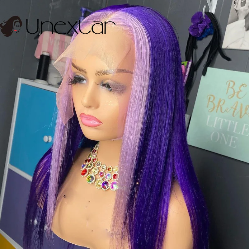 

Светильник-фиолетовые и фиолетовые парики из человеческих волос на сетке, прямые парики средней длины, предварительно выщипанные бразильс...