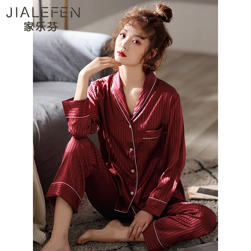 Pajamas Womens Spring and Autumn Artificial Silk Long Sleeved Home Wear Thin Ice Silk Spring and Summer Bright Red Birth Year