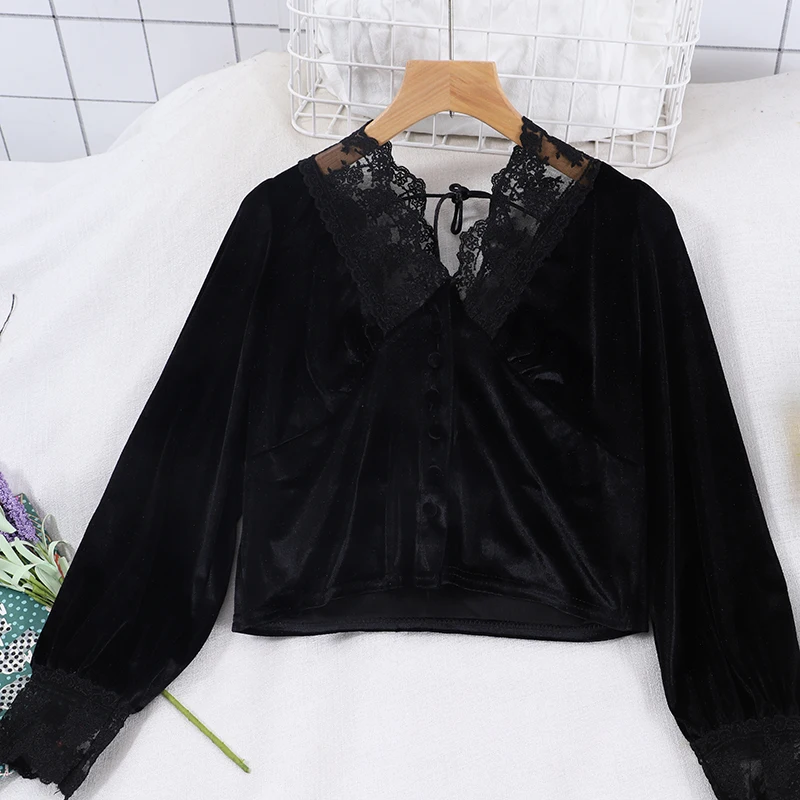 Женская бархатная блузка Gagarich винтажная элегантная кружевная с V-образным