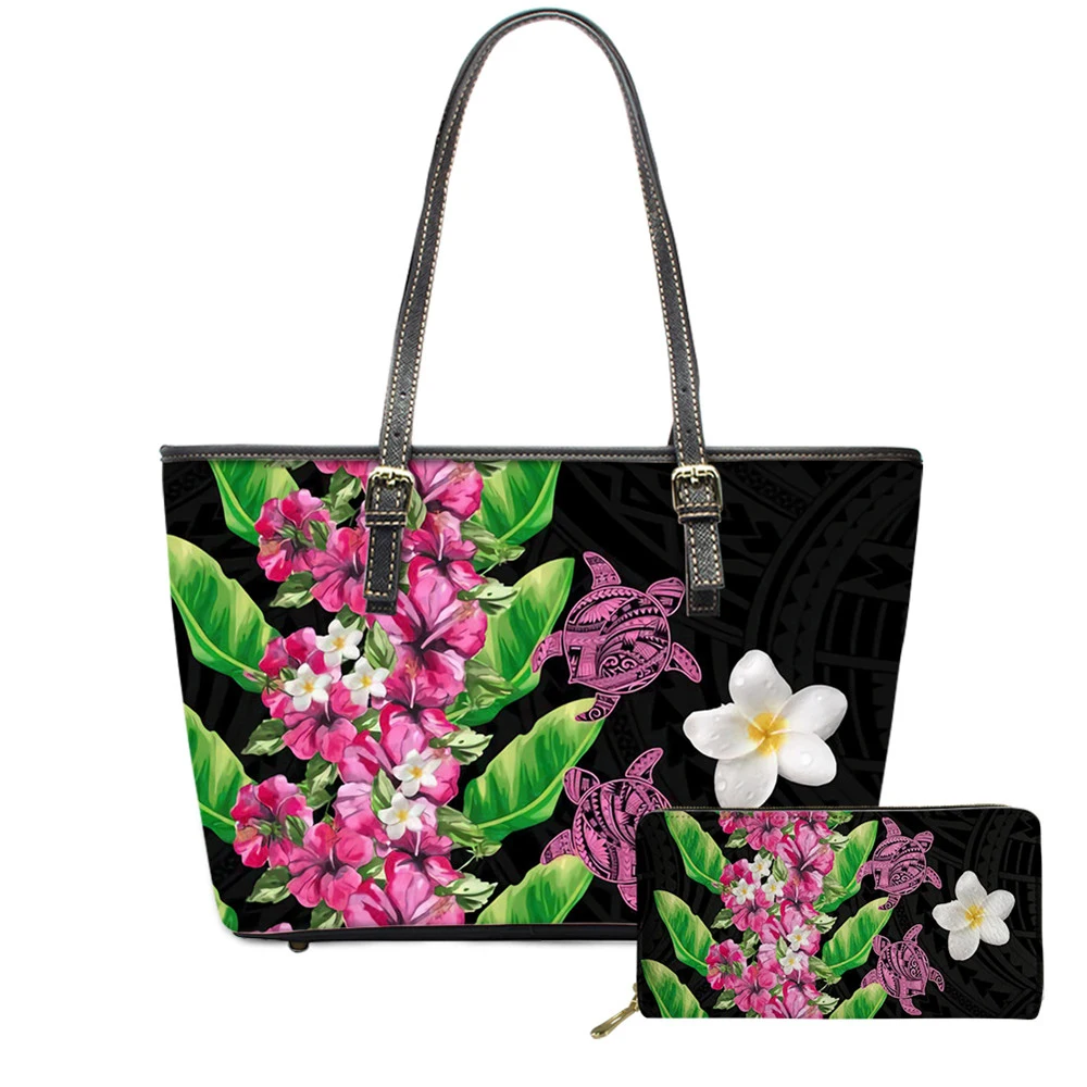 

Customized Hawaii Flower With Poly Sea Turtle Pattern Printing 2pcs Luxury Leather Shoulder Bag And Purse For Women Sac Mujer