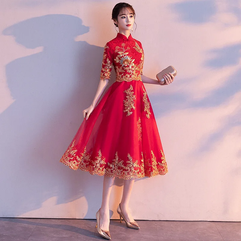 Красные женские вечерние платья с коротким рукавом в китайском стиле кружевное