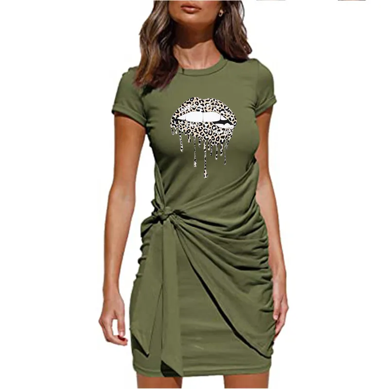 

2021 New Summer Round Neck Short-sleeved Dress Cute Cartoon Print Mini Dresses Womens Casual Elegant Sheath Slim Dress Vestidos