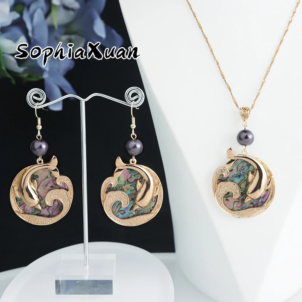 

SophiaXuan Dolphin Shell Jewelry Sets Hawaiian Gold Plated Necklace and Earring Set Samoa Polynesian Jewelry Sets for Women