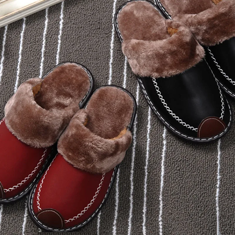 Женские кожаные тапочки зимние размера плюс для использования в помещении