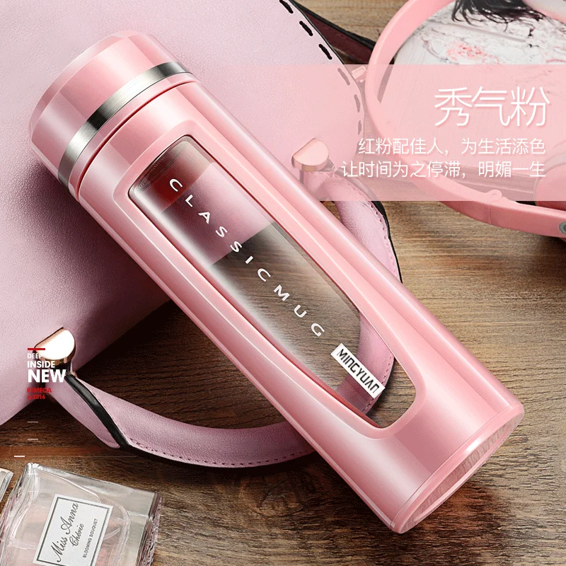 Вакуумная стеклянная термос-бутылка с портативной крышкой, фляги с двойными стенками и герметичной крышкой для воды для женщин KK60BW.