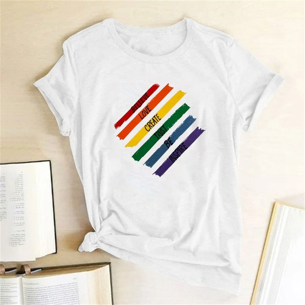 

HAHAYULE-JBH Believe Love Rainbow Graphic Tee Summer Fashion Aesthetics Funny Casual Women Tee T-Shirt Short Sleeves Hot Sale