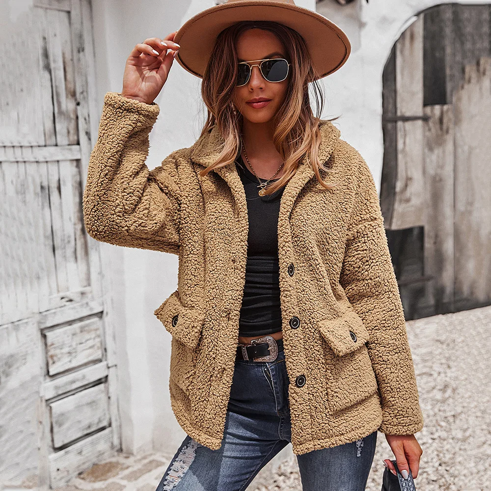 

Флисовая Тедди куртка пальто Осень Зима Повседневная Верхняя одежда плотные плюшевые пальто с карманами на пуговицах для женщин уличная од...