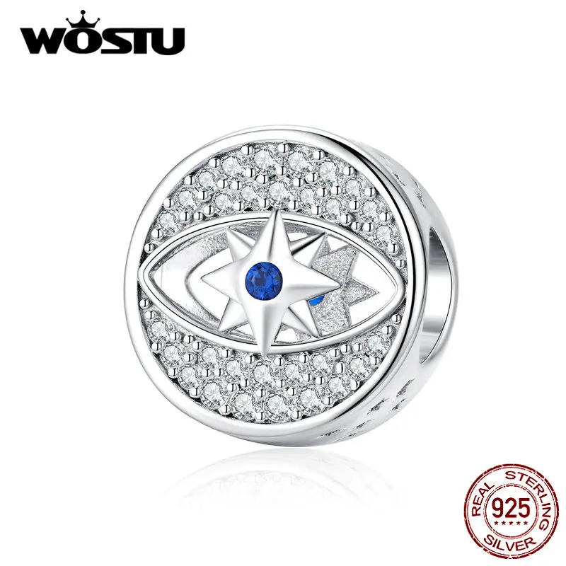 WOSTU, 925 пробы, серебряные круглые бусины дьявол глаз, голубой циркон, шарм, подходит для оригинального браслета, подвеска, серебро 925, ювелирные изделия BKC1368