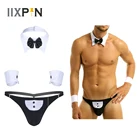 3 шт., мужское официанта нижнее белье костюм с открытой спиной смокинг стринги нижнее бельё для девочек с галстуком-бабочкой, с воротником и Браслеты Косплэй эротический комплект