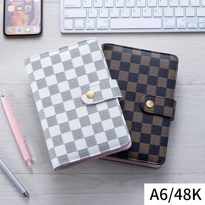 

China Luxury Loose Leaf White Checkboard Planner A6 Reffillable PU Leather Brown 6 Ring Binder Checkered Notebook Journals