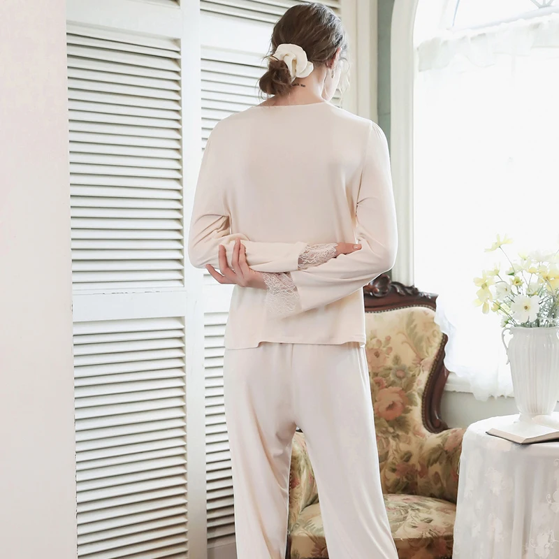 

Roseheart Spring Beige Sexy Women Sleep Nightwear Suits Night Lace Pajama Sets Sleepwear 2 Pieces Long Pants Homewear V Neck