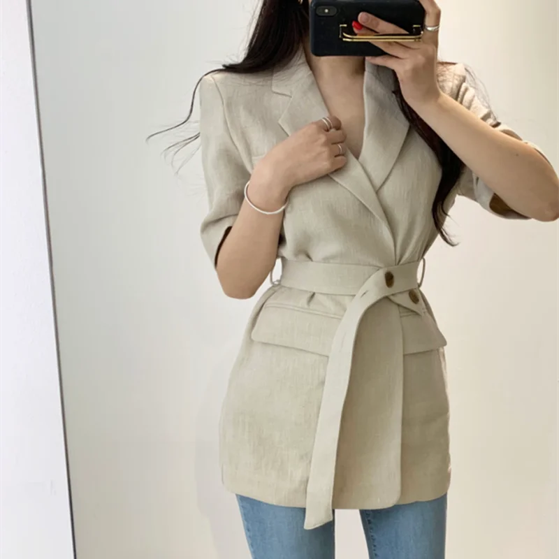 Женский свободный однотонный минималистичный офисный костюм жакет топы с поясом