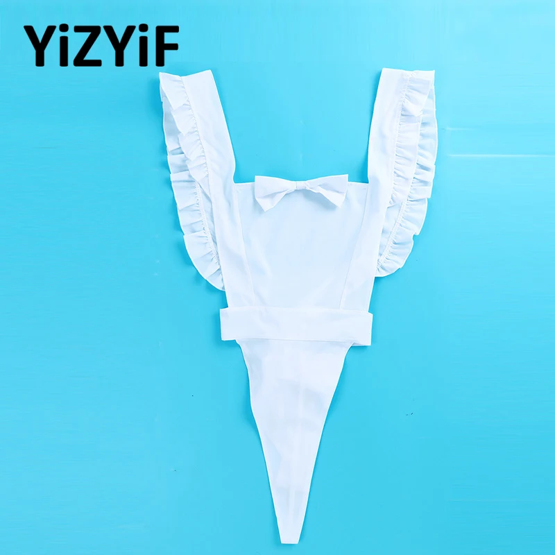 

Women Maid Jumpsuit Bowknot Ruffle Lace-up Sexy Lingerie Bodysuit Sleeveless Backless Leotard Bodysuit Sexy Maid Cosplay Costume