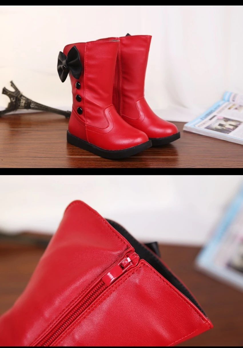 Girls Fashion Boots Autumn Winter Platforms PU Leather Mid-calf Princess Boots Butterfly-knot Ornament Toddler Kids Shoes