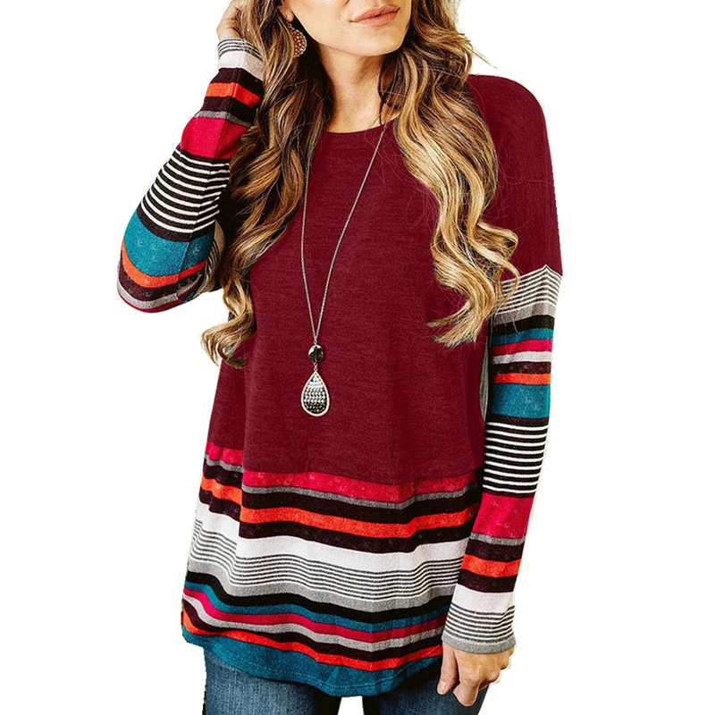 

Loose Striped Splicing Shirt Long Sleeve Crop Tops Spring Female O-Neck Plus Size Clothing Shirts for Women Camisetas de Mujer