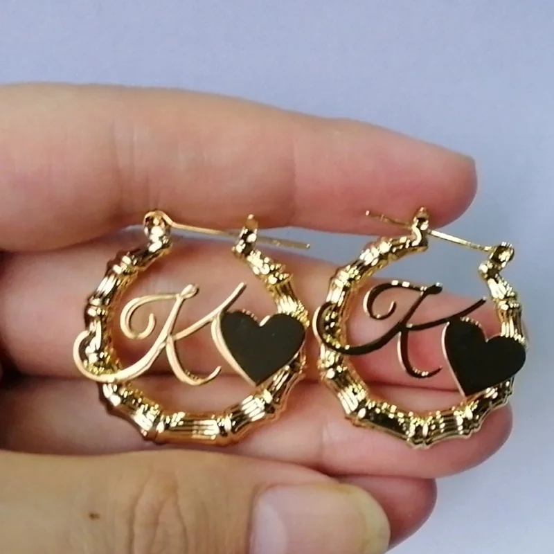 Fashion Lovely Girl Letter Earrings Customized Bamboo Hoop Earrings Personalized Name Earrings Bamboo Heart Women Jewelry Gift