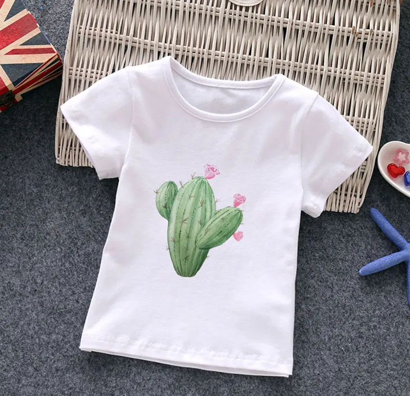 

Cartoon Cactus Casual T Shirt Boys Simple Print Kids T Shirt White Summer Short Sleeves New Listing Korean Design Girls T Shirts