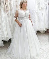 a line wedding dress plus size half sleeve lace appliques o neck floor length bridal gowns white lady robe de mariee elegant