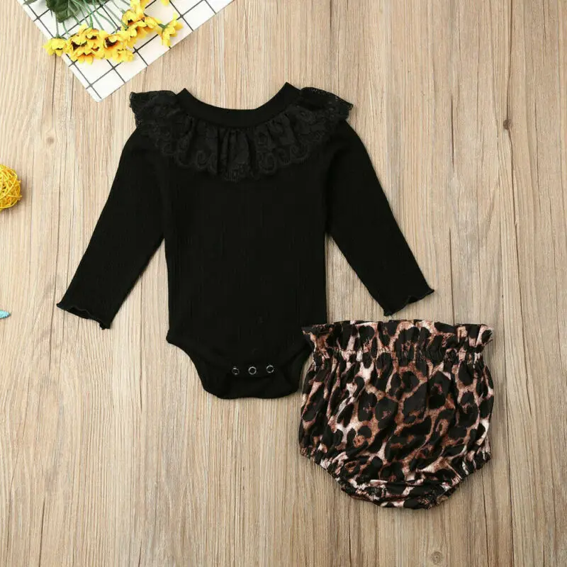 Autumn Newborn Baby Girl Clothes Lace Knitted Romper Leopard Shorts Pants Outfit | Мать и ребенок