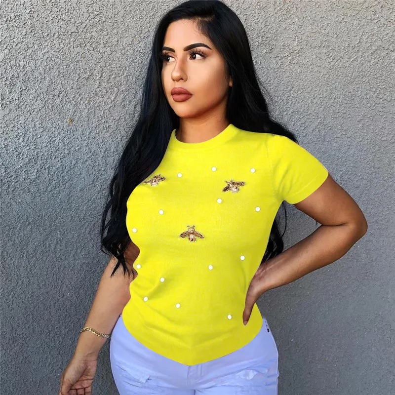 

Plus Size Women Yellow Short Sleeve Pearl Beading T-shirt Ladies Casual Tops Butterfly Solid Round Neck Summer Basic T Shirt