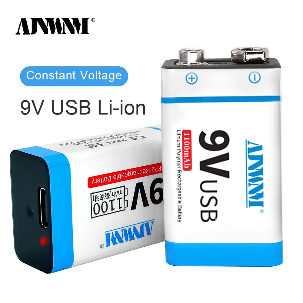 AJNWNM 9V USB Rechargeable Battery 1100mAh 6F22 Type-C 9V  Lithium Batteries for Multimeter Microphone Toy Remote Control KTV