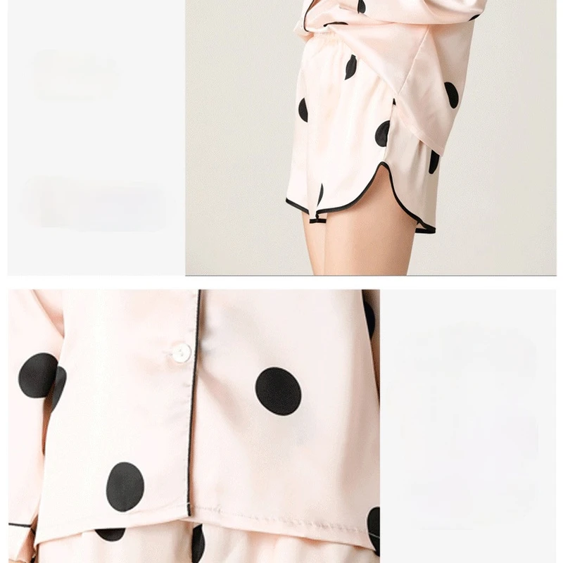 

QWEEK Silk Pajamas Women Polka Dot Pyjamas Femme Spring Summer 2021 Pijamas Long Sleeve Top and Shorts Nightwear 2 Piece Set