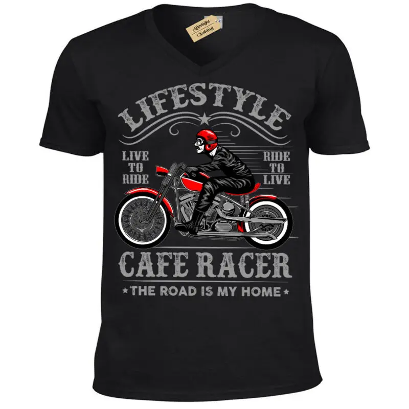 Стиль жизни Байкерская футболка кафе гонщик мотоцикл мужская с v-образным