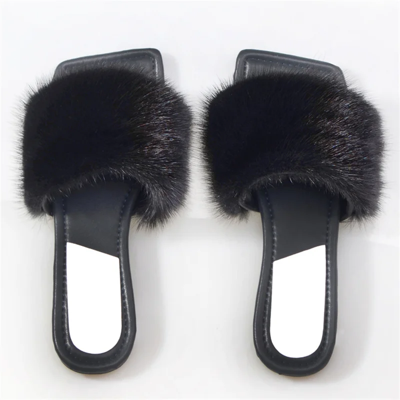 

2021 Ladies Slippers Luxury Designer Brand Sandals Ladies 100% Mink Fur Slippers Women's Home Slippers Plush Women's Shoes