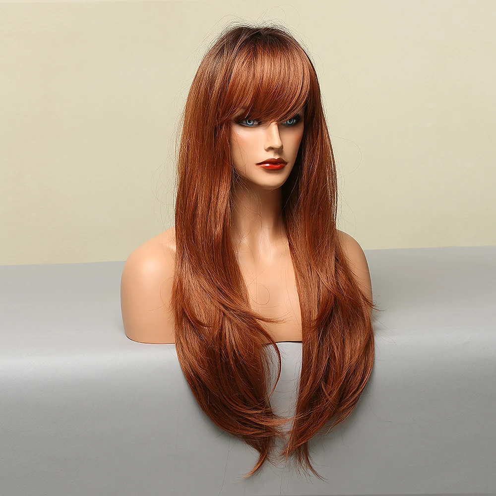 Long Straight Wigs for Women Afro Ombre Dark Brown Orange Synthetic Wigs with Full Bangs Cosplay Daily Heat Resistant Fiber Hair